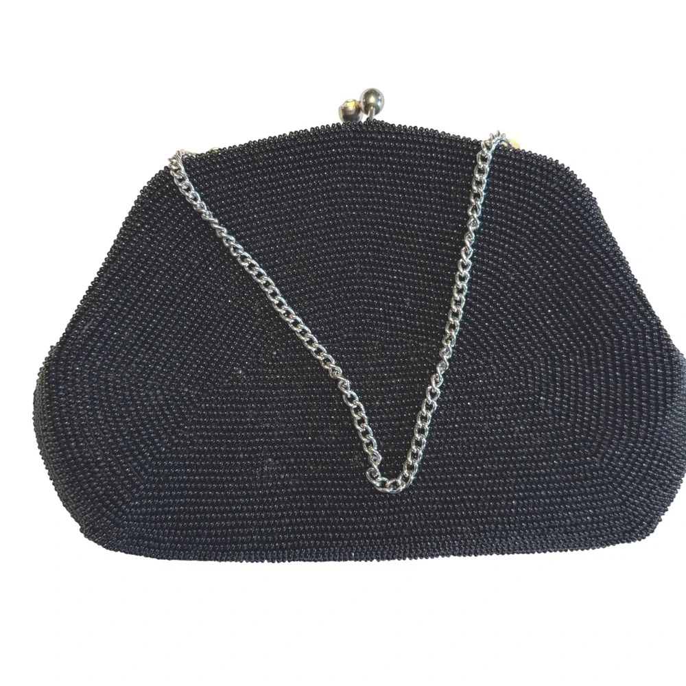 Vintage‎ Made in Japan Black Beaded Evening Purse Rhinestone Clasp Chain Handle